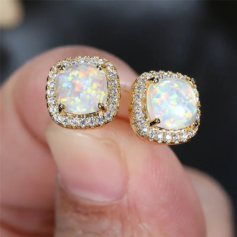 Female Luxury Green Crystal Stud Earrings Classic Green Zircon Square Stone Earrings Vintage Gold Color Small Earrings For Women