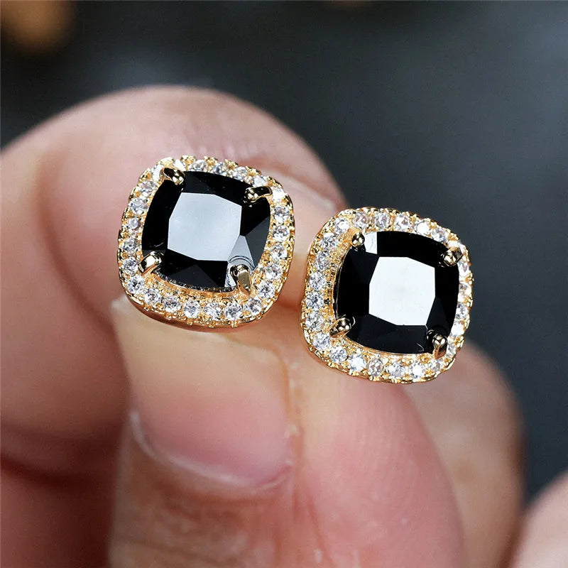 Female Luxury Green Crystal Stud Earrings Classic Green Zircon Square Stone Earrings Vintage Gold Color Small Earrings For Women