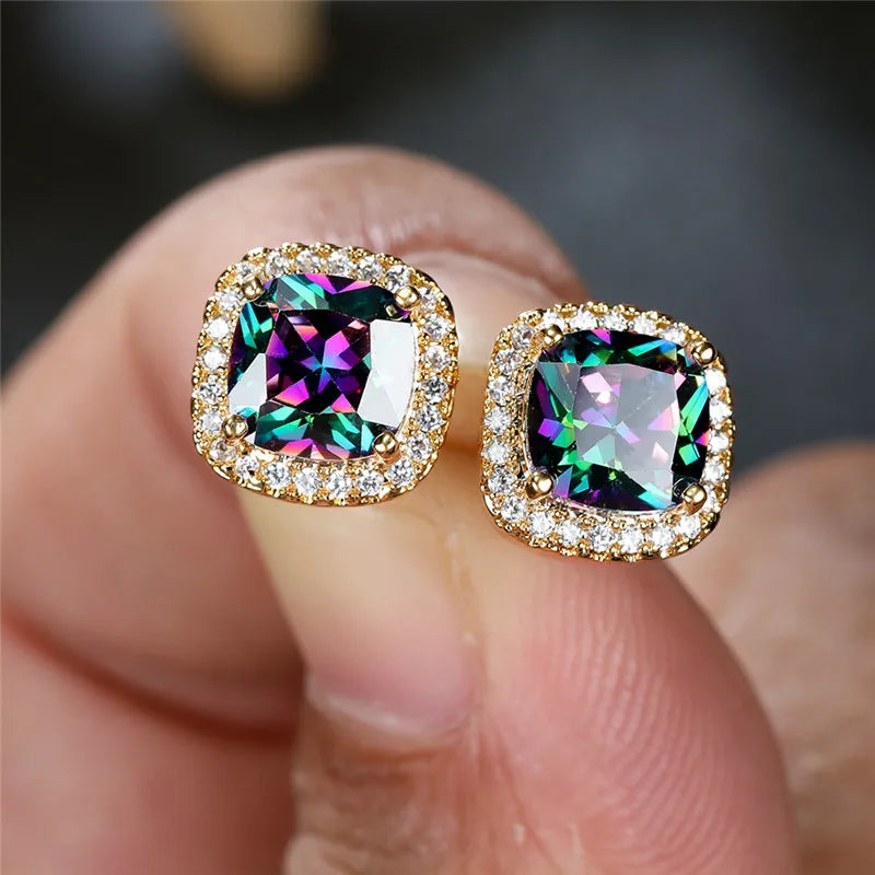 Female Luxury Green Crystal Stud Earrings Classic Green Zircon Square Stone Earrings Vintage Gold Color Small Earrings For Women