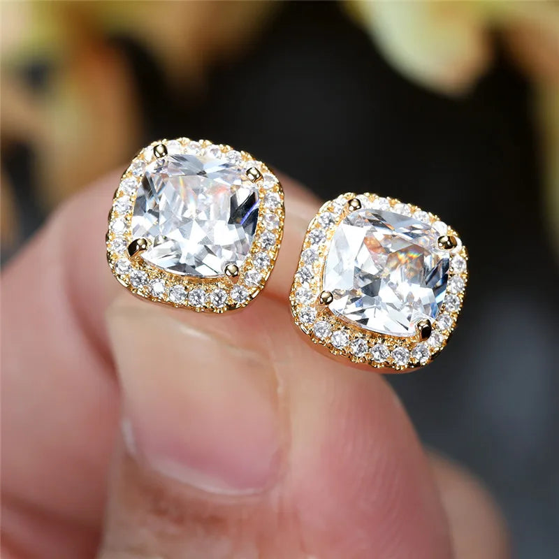 Female Luxury Green Crystal Stud Earrings Classic Green Zircon Square Stone Earrings Vintage Gold Color Small Earrings For Women