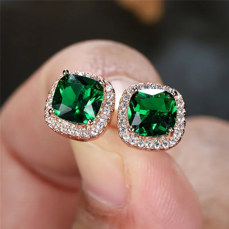 Female Luxury Green Crystal Stud Earrings Classic Green Zircon Square Stone Earrings Vintage Gold Color Small Earrings For Women