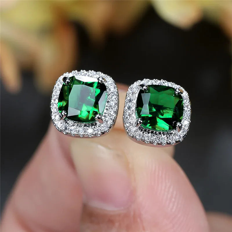 Female Luxury Green Crystal Stud Earrings Classic Green Zircon Square Stone Earrings Vintage Gold Color Small Earrings For Women
