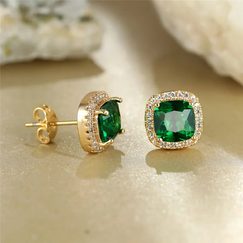 Female Luxury Green Crystal Stud Earrings Classic Green Zircon Square Stone Earrings Vintage Gold Color Small Earrings For Women