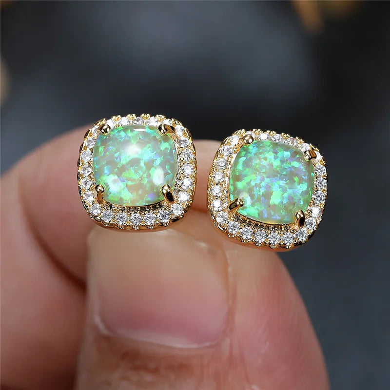 Female Luxury Green Crystal Stud Earrings Classic Green Zircon Square Stone Earrings Vintage Gold Color Small Earrings For Women