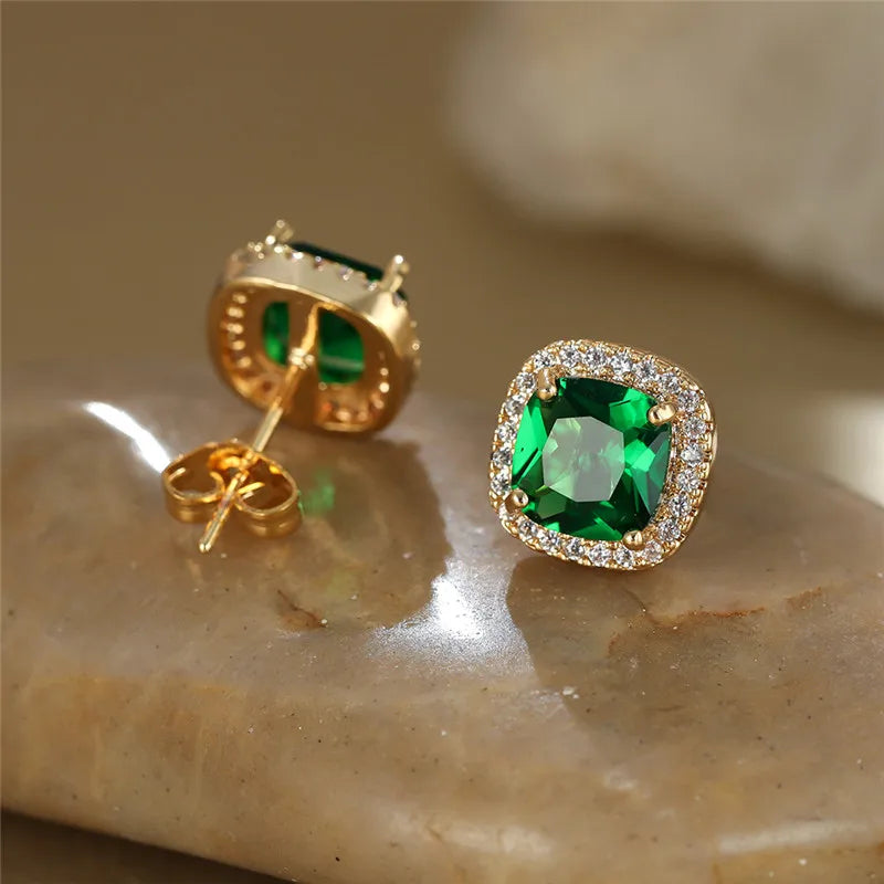 Female Luxury Green Crystal Stud Earrings Classic Green Zircon Square Stone Earrings Vintage Gold Color Small Earrings For Women