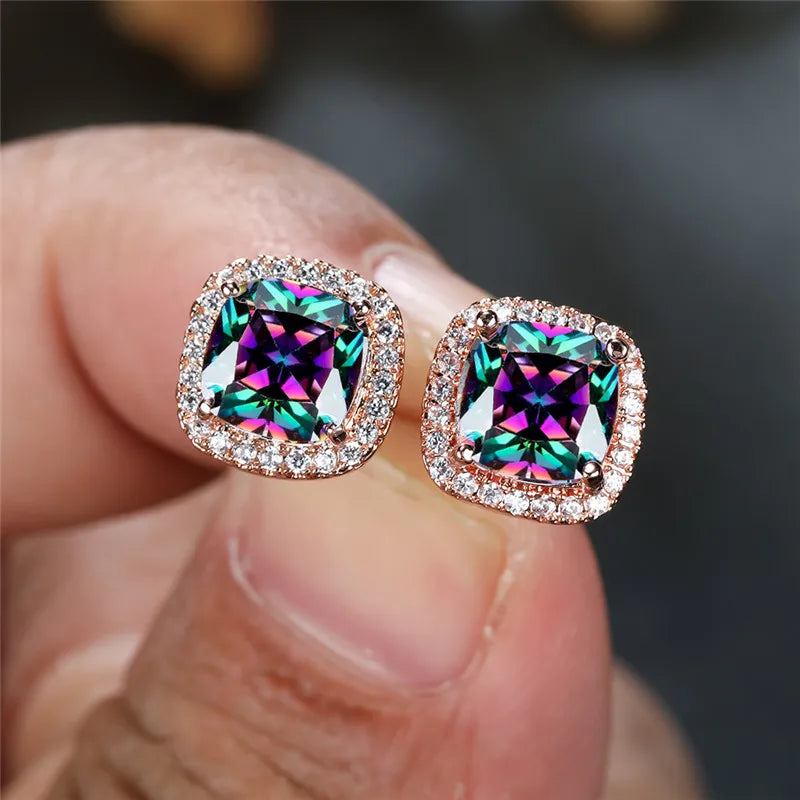 Female Luxury Green Crystal Stud Earrings Classic Green Zircon Square Stone Earrings Vintage Gold Color Small Earrings For Women