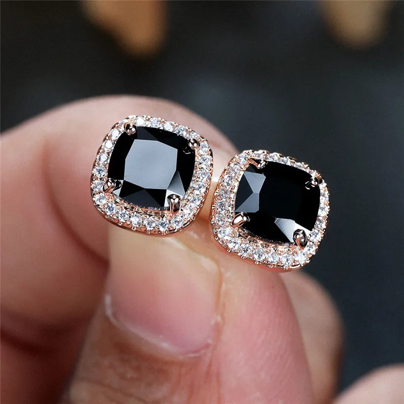 Female Luxury Green Crystal Stud Earrings Classic Green Zircon Square Stone Earrings Vintage Gold Color Small Earrings For Women