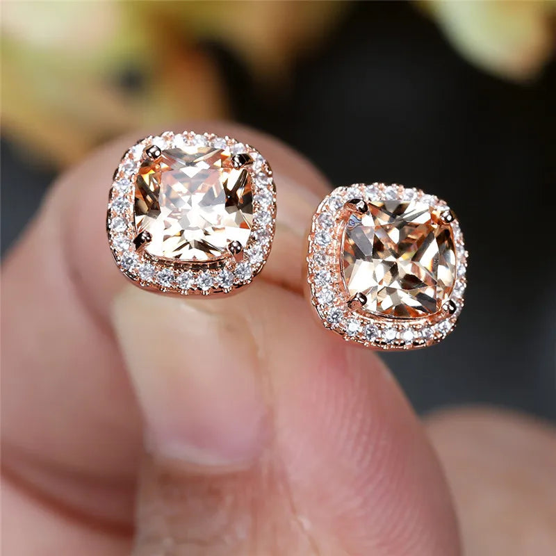 Female Luxury Green Crystal Stud Earrings Classic Green Zircon Square Stone Earrings Vintage Gold Color Small Earrings For Women