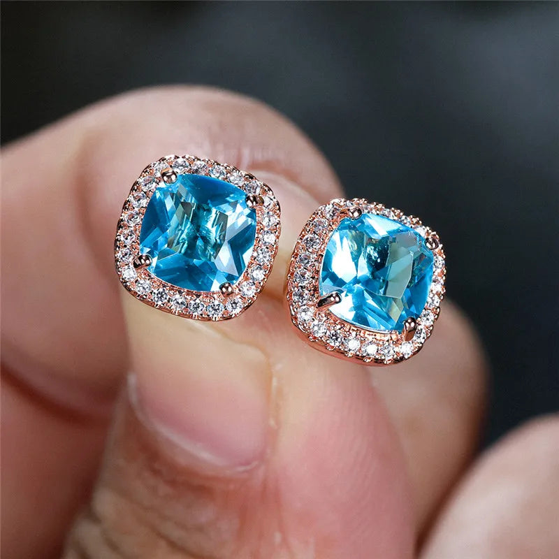 Female Luxury Green Crystal Stud Earrings Classic Green Zircon Square Stone Earrings Vintage Gold Color Small Earrings For Women