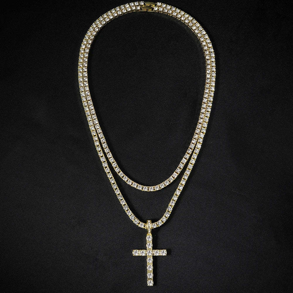 Hip Hop Cross Pendant Necklace Strap 4mm Zircon Tennis Chain Iced Out Sparkling Necklace Men Women Punk Jewelry Fashion Gift