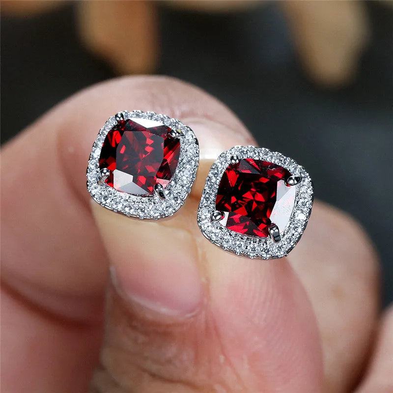 Female Luxury Green Crystal Stud Earrings Classic Green Zircon Square Stone Earrings Vintage Gold Color Small Earrings For Women