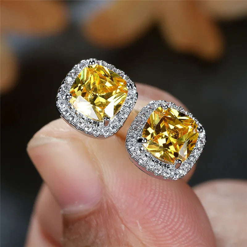 Female Luxury Green Crystal Stud Earrings Classic Green Zircon Square Stone Earrings Vintage Gold Color Small Earrings For Women
