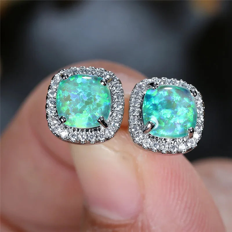 Female Luxury Green Crystal Stud Earrings Classic Green Zircon Square Stone Earrings Vintage Gold Color Small Earrings For Women