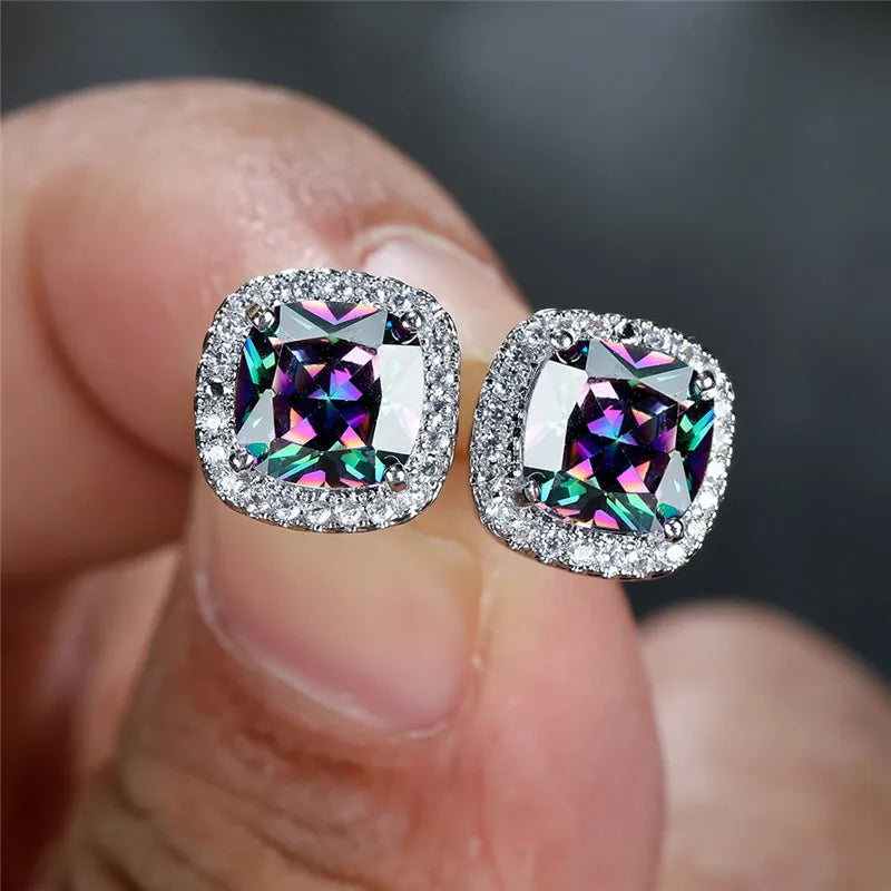 Female Luxury Green Crystal Stud Earrings Classic Green Zircon Square Stone Earrings Vintage Gold Color Small Earrings For Women