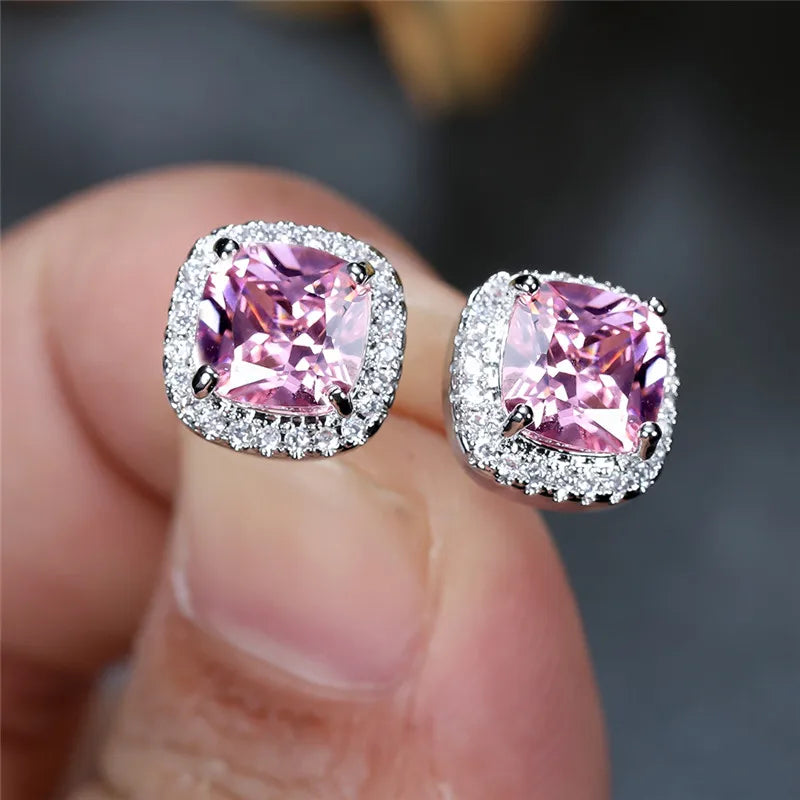 Female Luxury Green Crystal Stud Earrings Classic Green Zircon Square Stone Earrings Vintage Gold Color Small Earrings For Women
