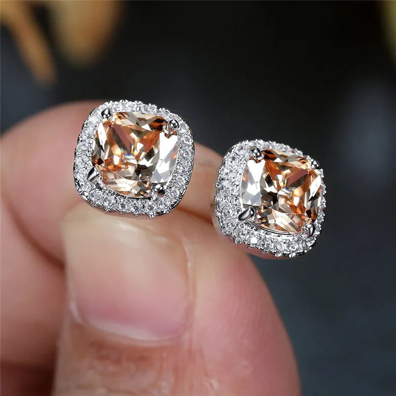 Female Luxury Green Crystal Stud Earrings Classic Green Zircon Square Stone Earrings Vintage Gold Color Small Earrings For Women