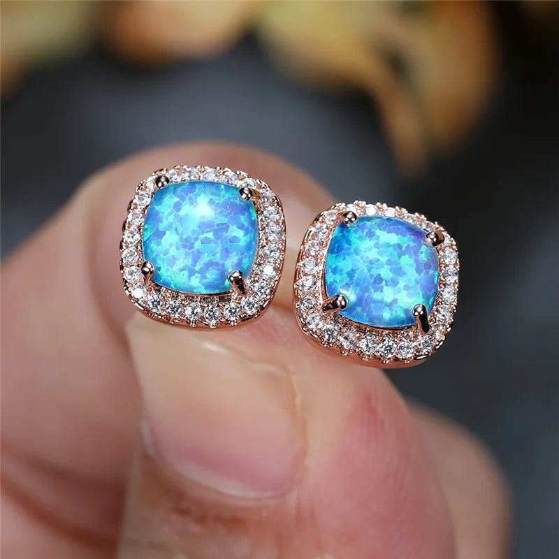 Female Luxury Green Crystal Stud Earrings Classic Green Zircon Square Stone Earrings Vintage Gold Color Small Earrings For Women