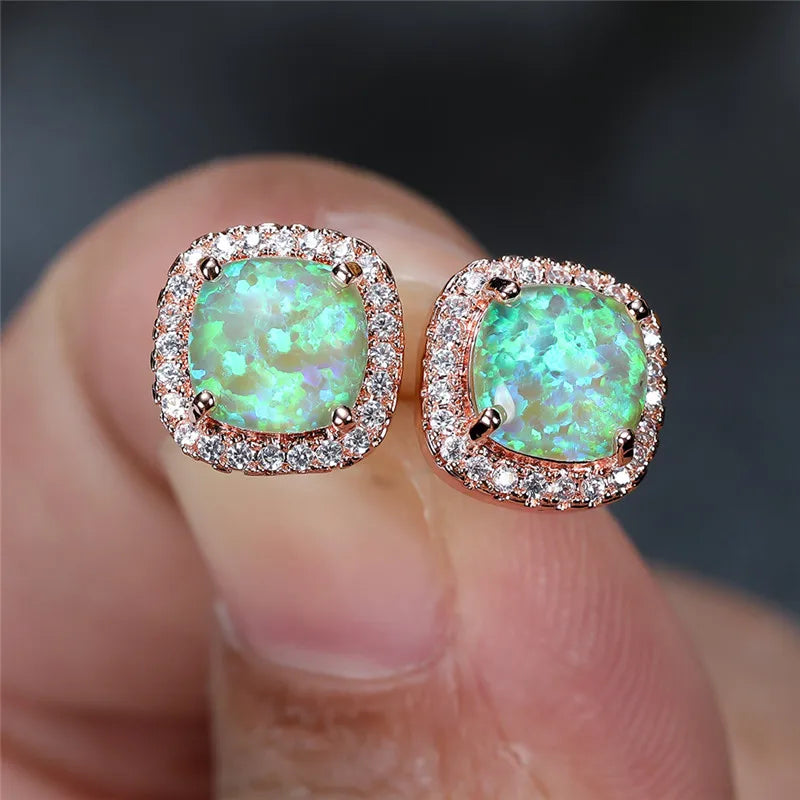Female Luxury Green Crystal Stud Earrings Classic Green Zircon Square Stone Earrings Vintage Gold Color Small Earrings For Women