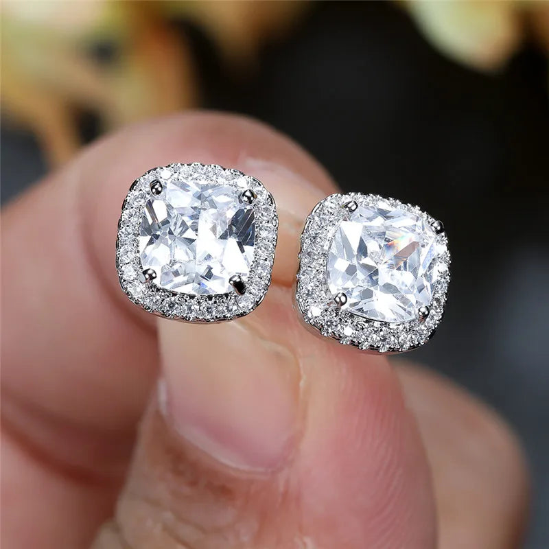 Female Luxury Green Crystal Stud Earrings Classic Green Zircon Square Stone Earrings Vintage Gold Color Small Earrings For Women