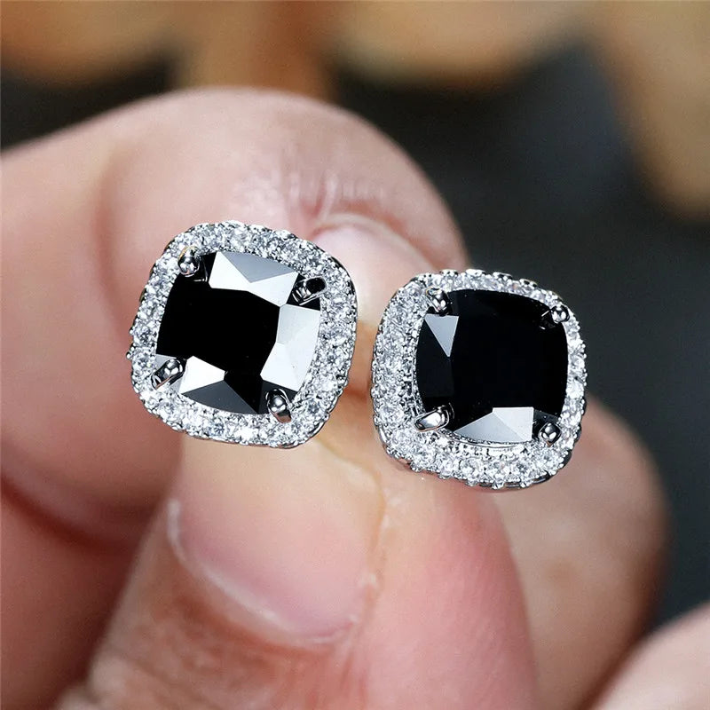 Female Luxury Green Crystal Stud Earrings Classic Green Zircon Square Stone Earrings Vintage Gold Color Small Earrings For Women