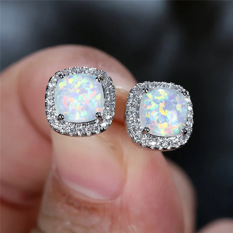 Female Luxury Green Crystal Stud Earrings Classic Green Zircon Square Stone Earrings Vintage Gold Color Small Earrings For Women
