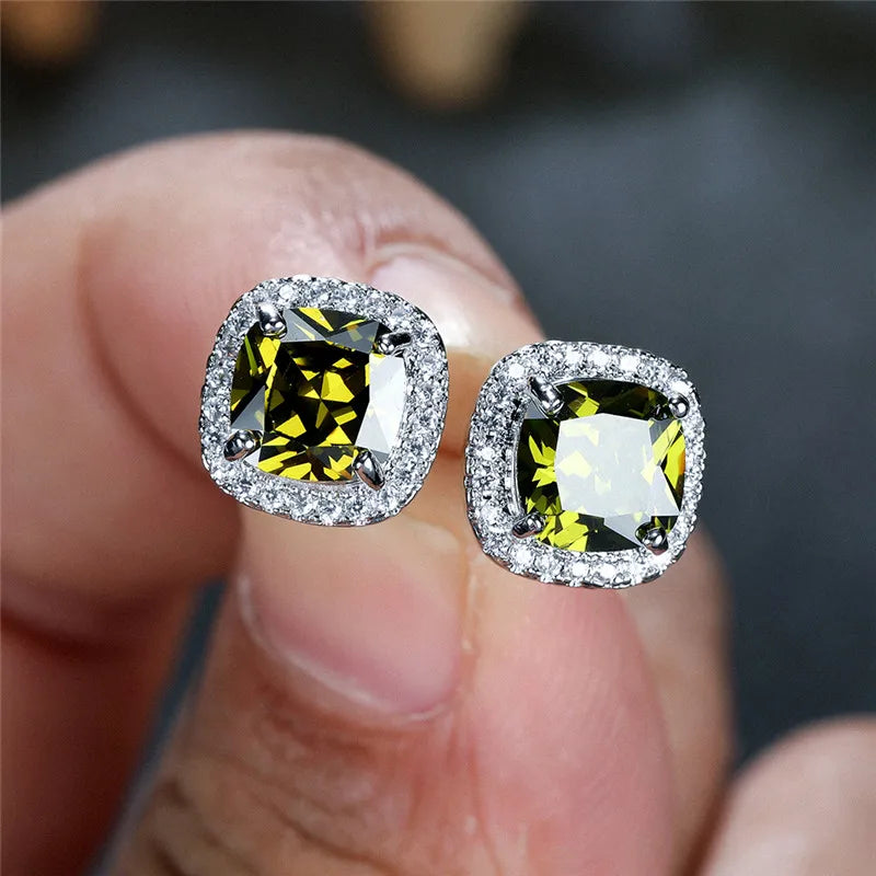 Female Luxury Green Crystal Stud Earrings Classic Green Zircon Square Stone Earrings Vintage Gold Color Small Earrings For Women