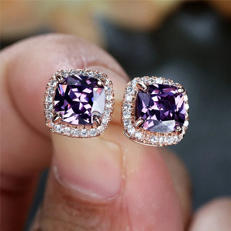 Female Luxury Green Crystal Stud Earrings Classic Green Zircon Square Stone Earrings Vintage Gold Color Small Earrings For Women