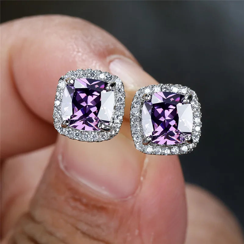 Female Luxury Green Crystal Stud Earrings Classic Green Zircon Square Stone Earrings Vintage Gold Color Small Earrings For Women