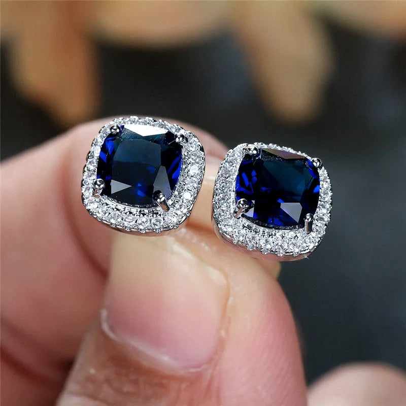 Female Luxury Green Crystal Stud Earrings Classic Green Zircon Square Stone Earrings Vintage Gold Color Small Earrings For Women