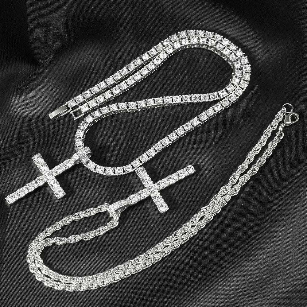 Hip Hop Cross Pendant Necklace Strap 4mm Zircon Tennis Chain Iced Out Sparkling Necklace Men Women Punk Jewelry Fashion Gift