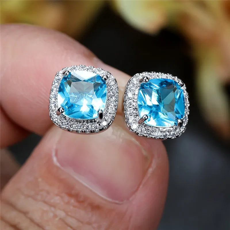 Female Luxury Green Crystal Stud Earrings Classic Green Zircon Square Stone Earrings Vintage Gold Color Small Earrings For Women