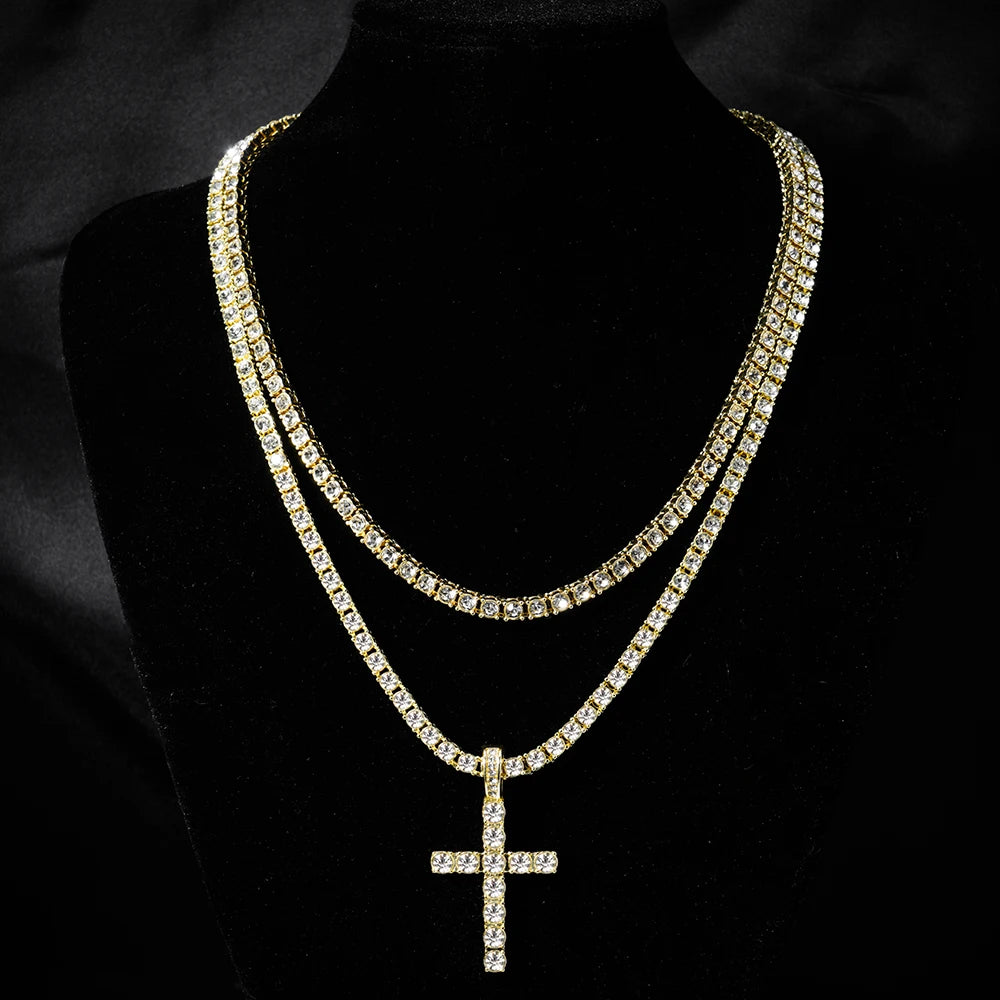 Hip Hop Cross Pendant Necklace Strap 4mm Zircon Tennis Chain Iced Out Sparkling Necklace Men Women Punk Jewelry Fashion Gift