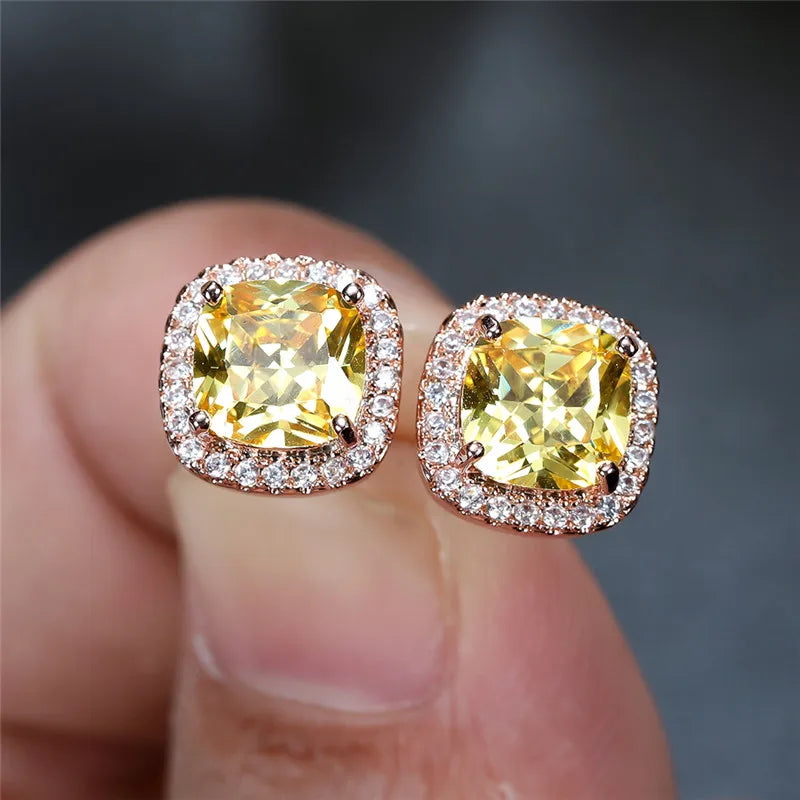 Female Luxury Green Crystal Stud Earrings Classic Green Zircon Square Stone Earrings Vintage Gold Color Small Earrings For Women