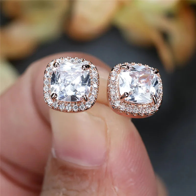 Female Luxury Green Crystal Stud Earrings Classic Green Zircon Square Stone Earrings Vintage Gold Color Small Earrings For Women