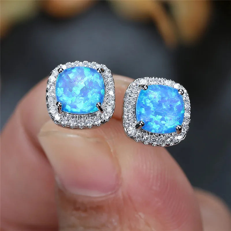 Female Luxury Green Crystal Stud Earrings Classic Green Zircon Square Stone Earrings Vintage Gold Color Small Earrings For Women