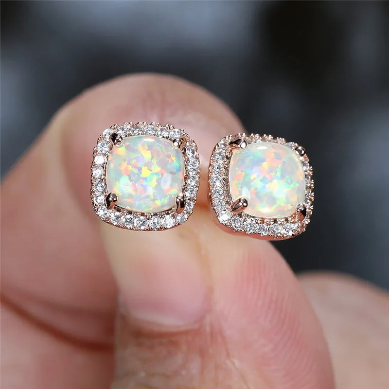 Female Luxury Green Crystal Stud Earrings Classic Green Zircon Square Stone Earrings Vintage Gold Color Small Earrings For Women